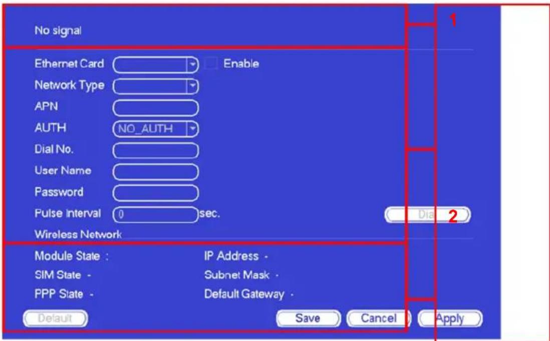 No signal Ethernet Card Enable Network Type APN AUTH NO_AUTH Dial No. User Name Password Pulse Interval 0 sec. Wireless Network Module State : IP Address - SIM State - Subnet Mask - PPP State - Default Gateway - Default Save Cancel Apply