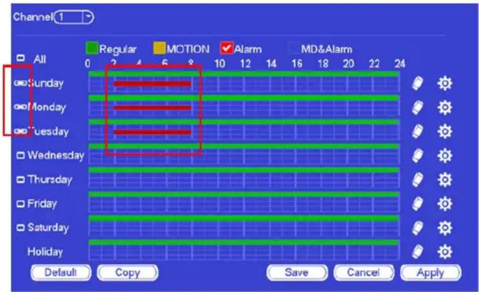 Channel 1 All 0 2 4 6 8 10 12 14 16 18 20 22 24 Sunday Monday Tuesday Wednesday Thursday Friday Saturday Holiday Regular MOTION Alarm MD&Alarm Default Copy Save Cancel Apply