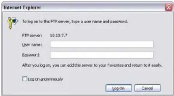 Internet Explorer To log on to this FTP server, type a user name and password. FTP server: 10.10.7.7 User name: Password: After you log on, you can add this server to your Favorites and return to it easily. □ Log on anonymously Log On Cancel