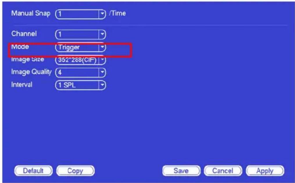 Manual Snap 1 /Time Channel 1 Mode Trigger Image Size 352*288(CIF) Image Quality 4 Interval 1 SPL Default Copy Save Cancel Apply