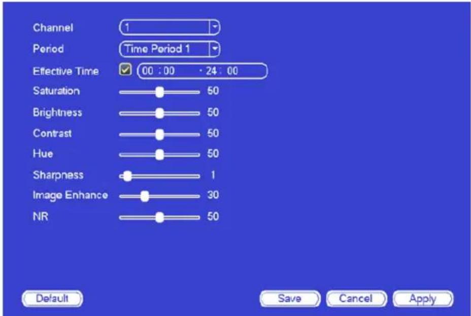 Channel 1 Period Time Period 1 Effective Time 00:00 - 24:00 Saturation 50 Brightness 50 Contrast 50 Hue 50 Sharpness 1 Image Enhance 30 NR 50 Default Save Cancel Apply