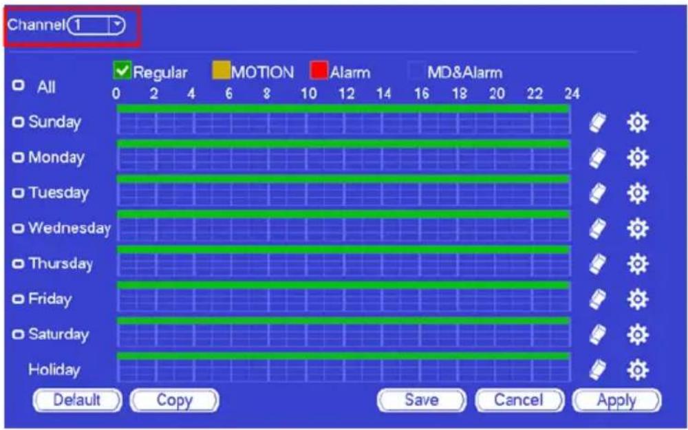 Channel 1 All Regular MOTION Alarm MD&Alarm 0 2 4 6 8 10 12 14 16 18 20 22 24 Sunday Monday Tuesday Wednesday Thursday Friday Saturday Holiday Default Copy Save Cancel Apply
