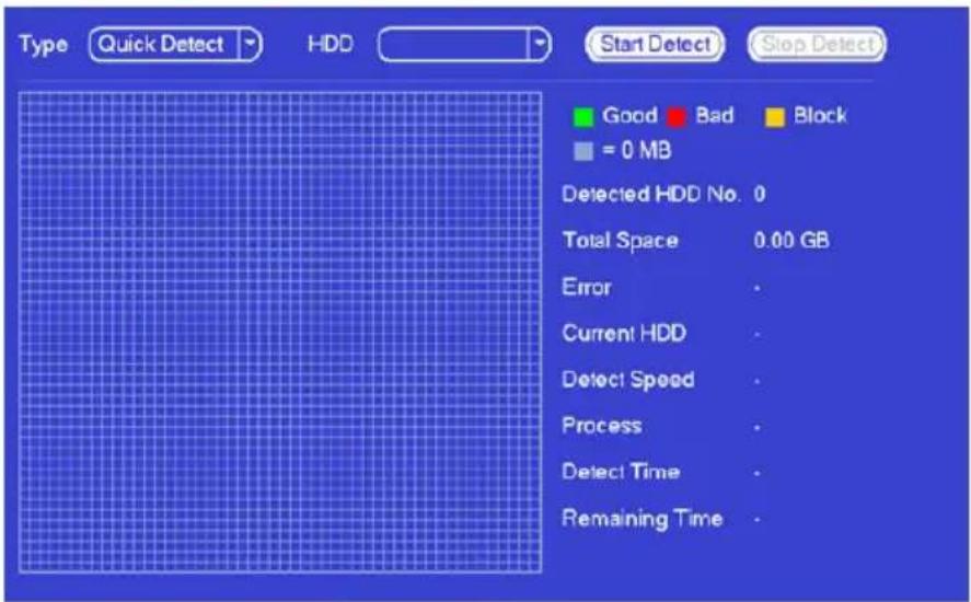 Type Quick Detect HDD Start Detect Stop Detect Good Bad Block = 0 MB Detected HDD No. 0 Total Space 0.00 GB Error Current HDD Detect Speed Process Detect Time Remaining Time
