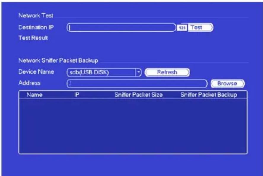Network Test Destination IP 123 Test Test Result Network Sniffer Packet Backup Device Name sdb(USB DiSK) Refresh Address / Browse Name IP Sniffer Packet Size Sniffer Packet Backup