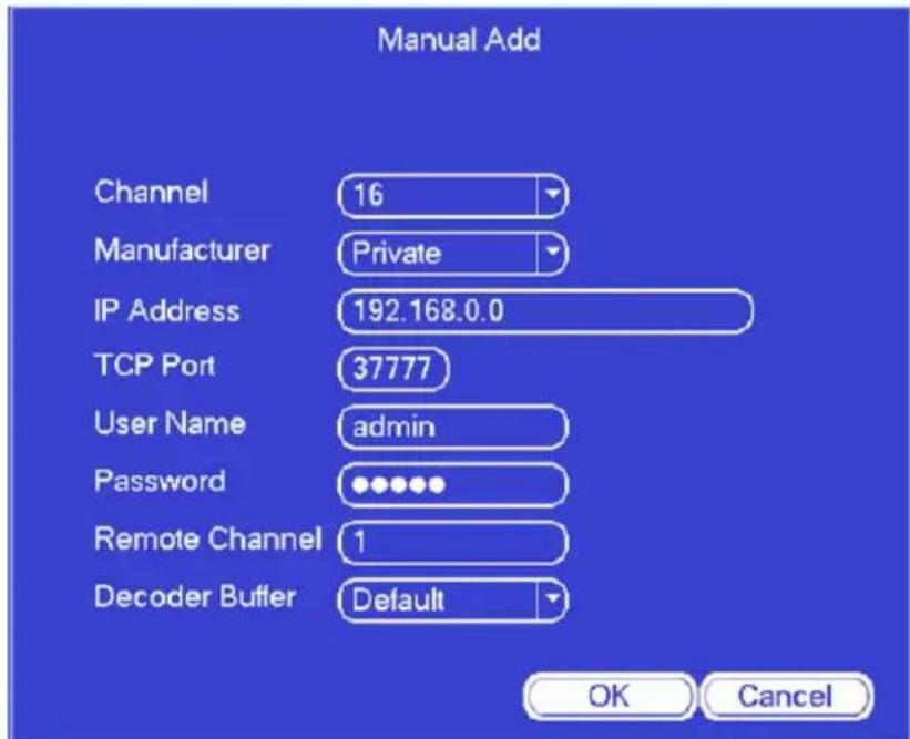 Manual Add Channel 16 Manufacturer Private IP Address 192.168.0.0 TCP Port 37777 User Name admin Password ••••••• Remote Channel 1 Decoder Buffer Default OK Cancel