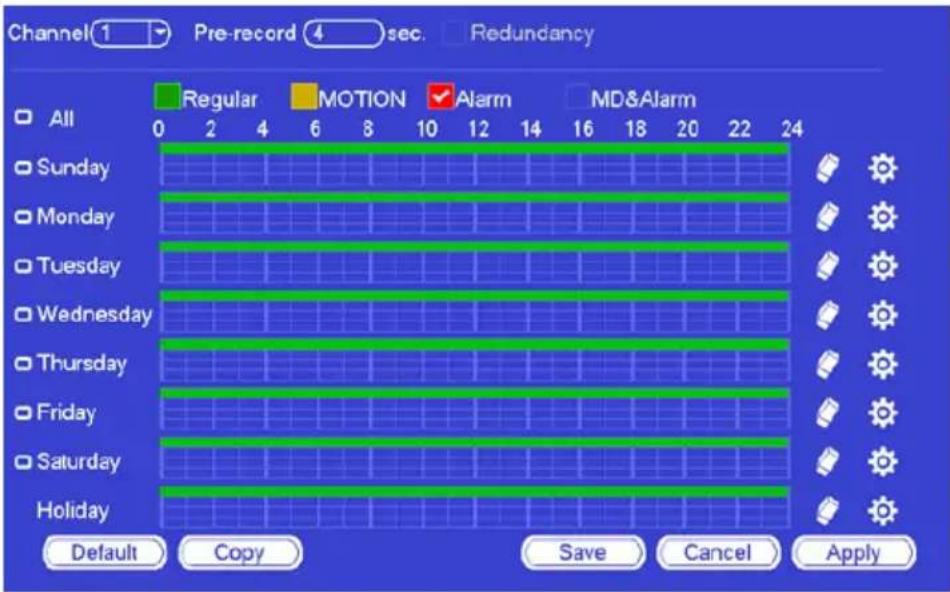 Channel 1 Pre-record 4 sec. Redundancy All Regular MOTION Alarm MD&Alarm 0 2 4 6 8 10 12 14 16 18 20 22 24 Sunday Monday Tuesday Wednesday Thursday Friday Saturday Holiday Default Copy Save Cancel Apply