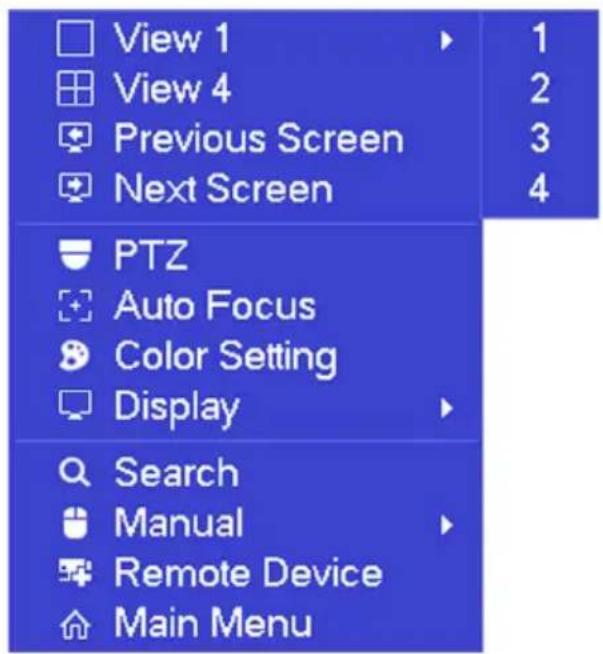 View 1 View 4 Previous Screen Next Screen PTZ Auto Focus Color Setting Display Search Manual Remote Device Main Menu
