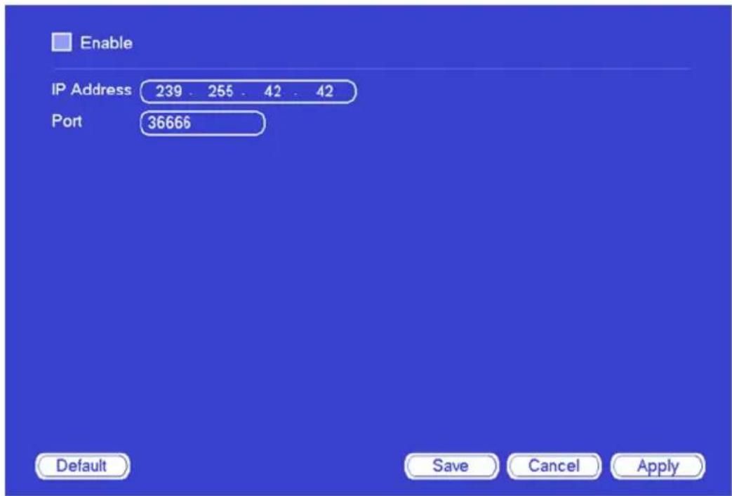 Enable IP Address 239 255 42 42 Port 36666 Default Save Cancel Apply