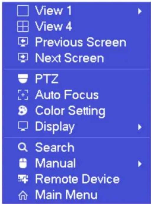 View 1 View 4 Previous Screen Next Screen PTZ Auto Focus Color Setting Display Search Manual Remote Device Main Menu