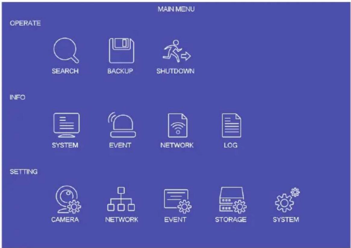 MAIN MENU OPERATE SEARCH BACKUP SHUTDOWN INFO SYSTEM EVENT NETWORK LOG SETTING CAMERA NETWORK EVENT STORAGE SYSTEM