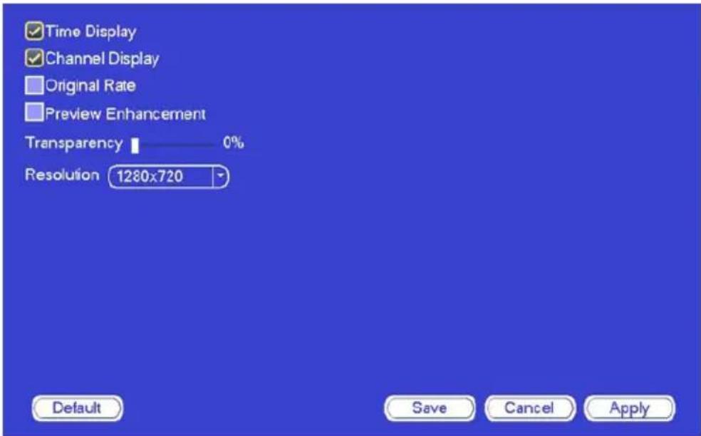 Time Display Channel Display Original Rate Preview Enhancement Transparency 0% Resolution 1280x720 Default Save Cancel Apply