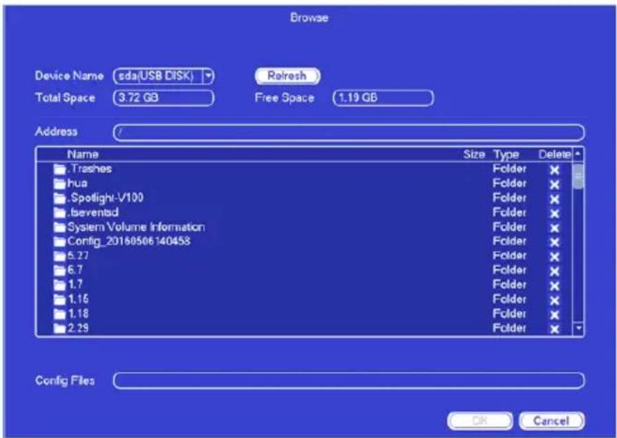 Browse Device Name sda(USB DISK) Rotresh Total Space 3.72 GB Free Space 1.19 GB Address / Name Size Type Delete Trashes Folder X hua Folder X Spotlight-V100 Folder X Iseventsd Folder X System Volume Information Folder X Config_20160506140453 Folder X 5.27 Folder X 6.7 Folder X 1.7 Folder X 1.16 Folder X 1.18 Folder X 2.29 Folder X Config Files ON Cancel