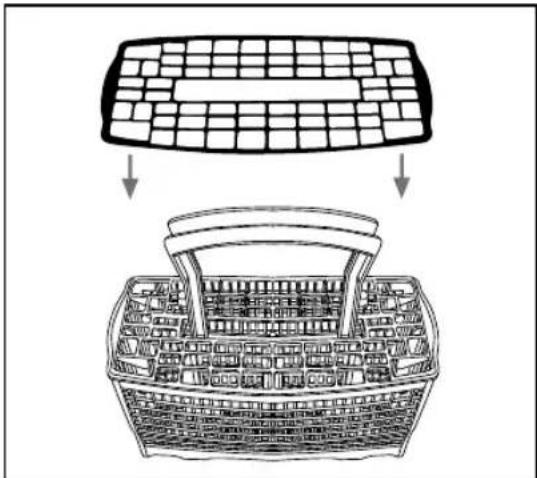 Diagram showing a grid-based computer with an upper panel and a basket filled with various items, illustrating the concept of computing or sorting.