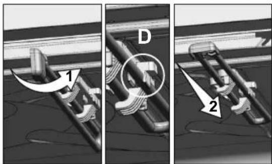 Technical diagram showing three stages of a mechanical assembly with labeled parts and directional arrows