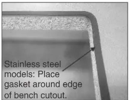 Stainless steel models: Place gasket around edge of bench cutout.