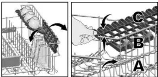 Diagram illustrating food processing steps with labeled components A, B, and C, showing a container being handled by a conveyor belt.