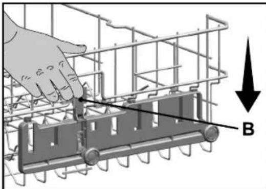 Technical diagram showing a hand operating a mechanical component with labeled component B and directional arrow