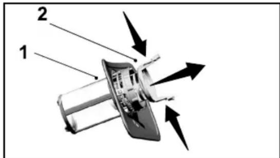 Technical diagram of a mechanical component with numbered parts and directional arrows indicating flow or movement.