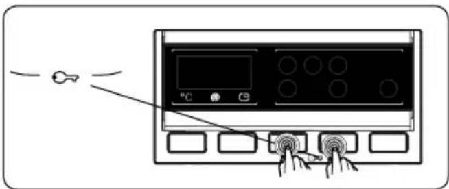 Diagram showing a control panel with temperature and display, connected to a hand gesture with buttons and a pointer indicating thermal input.