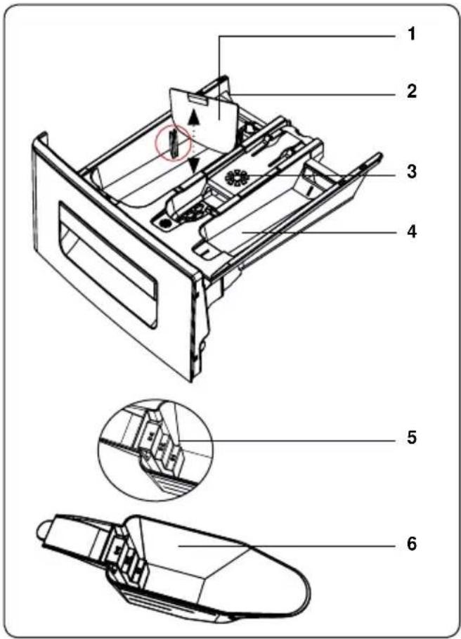 Technical diagram of a device's internal structure with numbered parts and exploded views