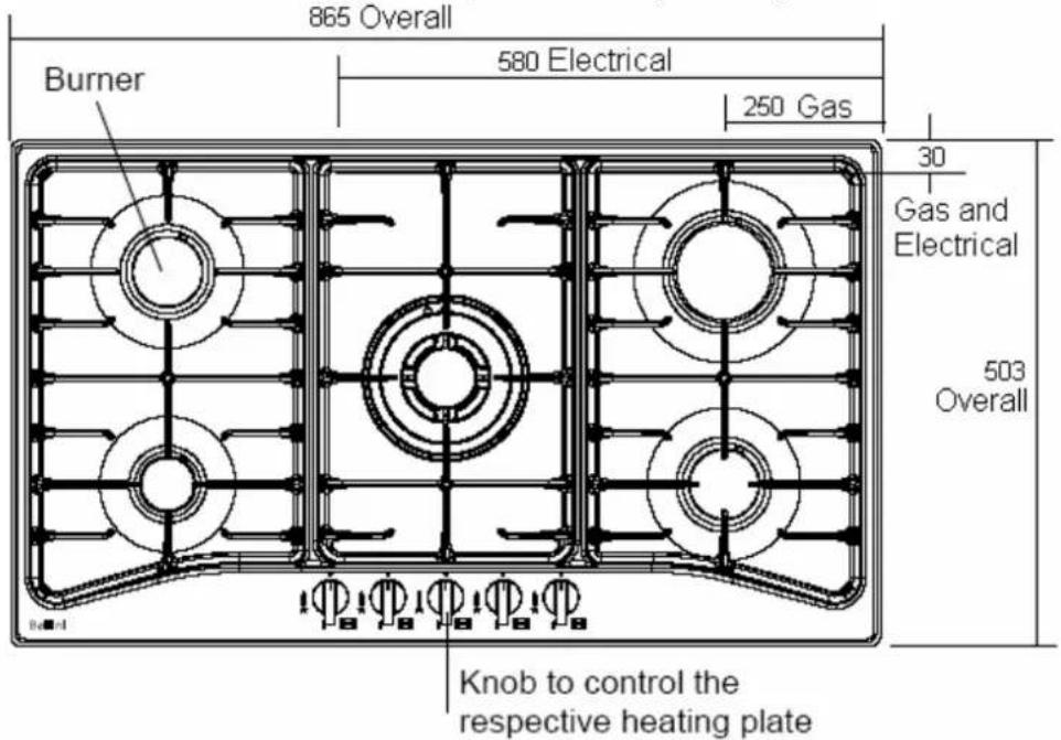 865 Overall Burner 580 Electrical 250 Gas 30 Gas and Electrical 503 Overall Knob to control the respective heating plate