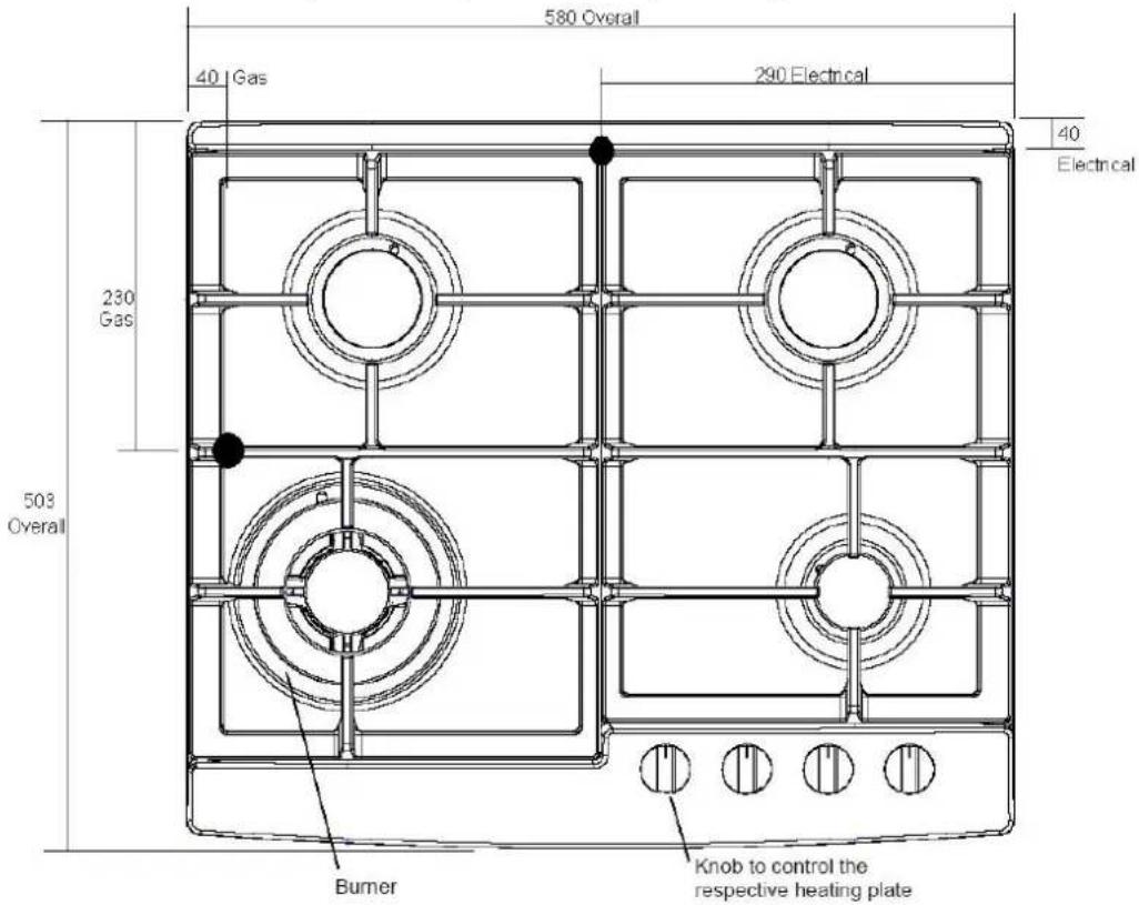 580 Overall 40 Gas 290 Electrical 40 Electrical 230 Gas 503 Overall Burner Knob to control the respective heating plate