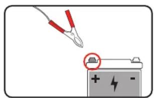 Diagram showing a test probe tip touching a battery with a magnified view highlighting the battery symbol.