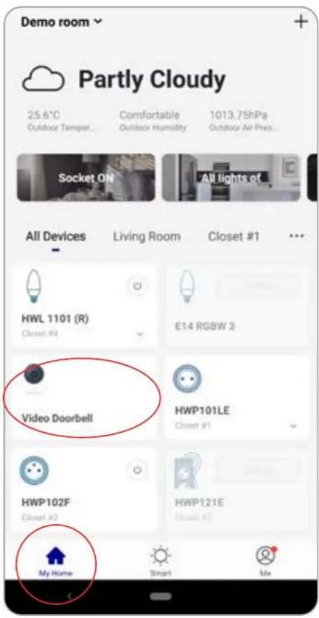 Demo room Partly Cloudy 25.6°C Comfortable 1013.75hPa Outdoor Temper... Outdoor Humidity Outdoor Air Pres... Socket ON All lights of All Devices Living Room Closet #1 HWL 1101 (R) Closet #4 E14 RGBW 3 Video Doorbell HWP101LE Closet #1 HWP102F Closet #2 HWP121E Closet #3 My Home Smart Me