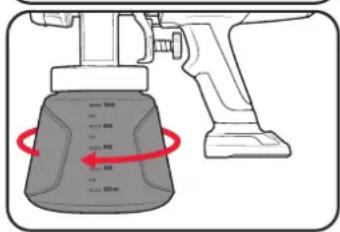 Diagram showing a spray gun with a container labeled with dimensions and red arrows indicating measurement or direction.