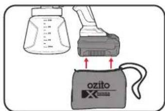 Diagram showing a spray bottle, a spray gun, and an ozito bag with red arrows indicating movement or force.