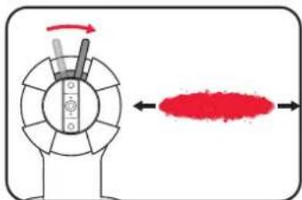 Diagram illustrating a mechanical or fluid system with rotating components and a red particle flow, likely representing fluid dynamics or material movement.