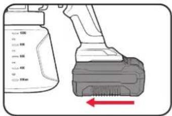 Diagram showing spray bottle and spray gun with labeled parts and directional arrow indicating motion or movement