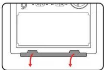 Diagram showing a device with labeled ports and directional arrows indicating movement or force, likely from an electronics or computer system.