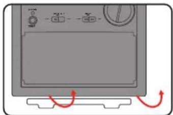 Diagram of a device control panel with labeled buttons and red curved arrows indicating rotation or adjustment.
