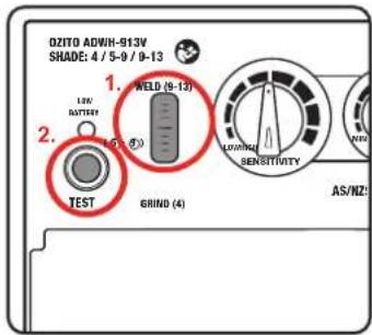 OZITO ADWH-913V SHADE: 4 / 5-9 / 0-13 1. LEW BATTERY 2. TEST WELD (9-13) 1.5 ③ LOWING SENSITIVITY AS/NIZ