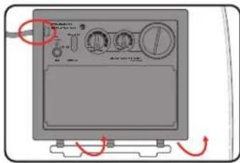 Diagram of an electronic device front panel with labeled ports and control buttons, showing red arrows indicating rotation or movement.