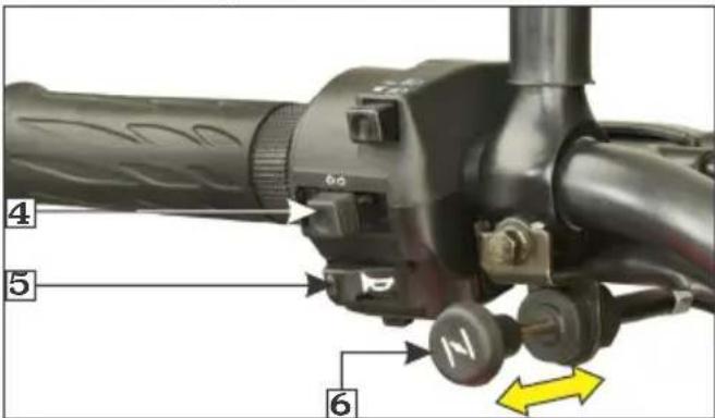 Labeled diagram of a motor handle and lever mechanism with numbered parts and directional arrows