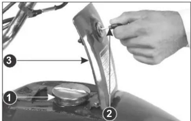 Diagram showing a hand using a tool to adjust or install a component, with numbered annotations pointing to parts 1, 2, and 3.