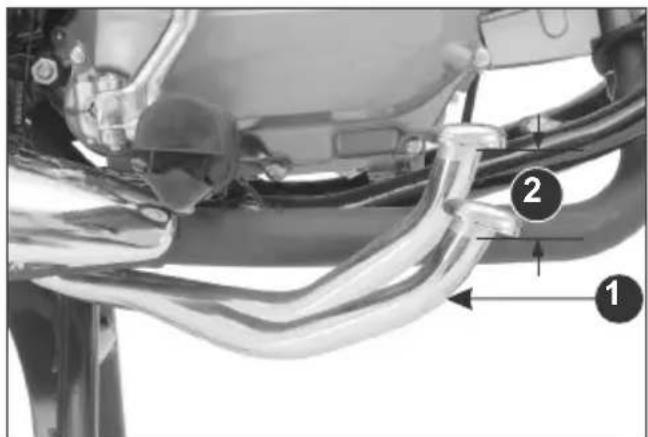 Technical diagram of a vehicle's exhaust pipe system with labeled components 1 and 2