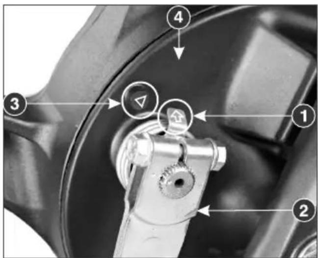 Mechanical component diagram with numbered parts and directional arrows indicating motion or positioning