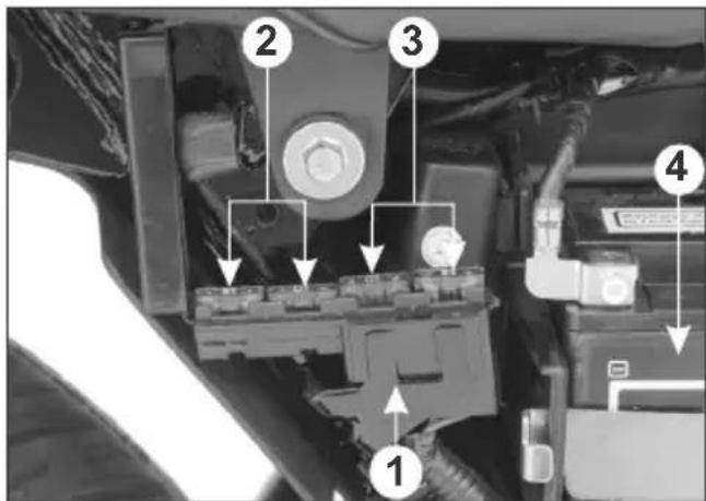 Technical diagram of a vehicle engine bay with numbered components and directional arrows indicating assembly or movement.
