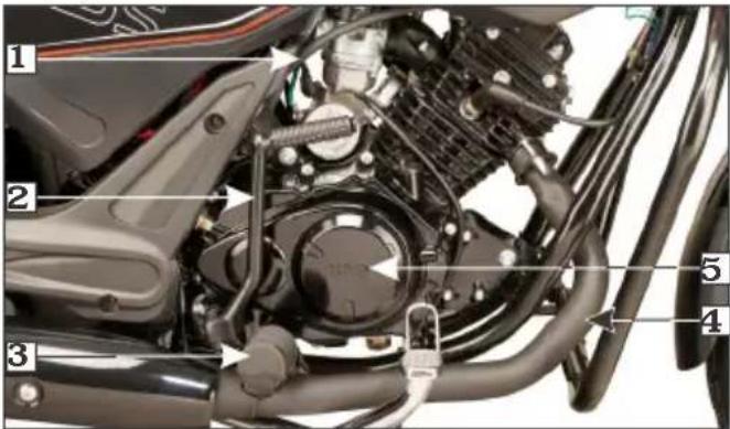 Labeled mechanical diagram of a motorcycle showing internal components and parts numbered 1 to 5