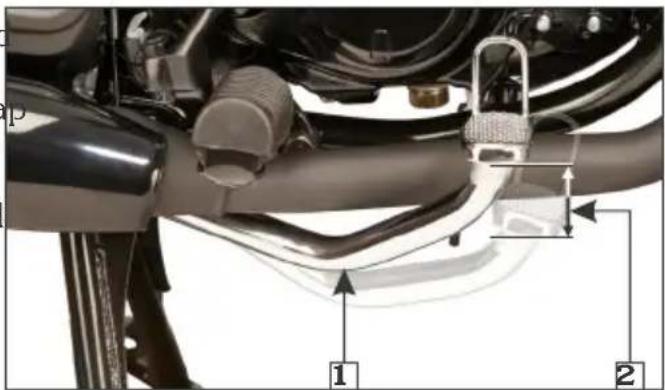 Technical diagram of a motorcycle's side profile with labeled parts and directional arrows indicating movement or positioning.