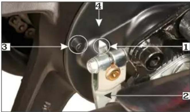 Labeled mechanical component diagram showing parts numbered 1 to 4 with arrows and circular features