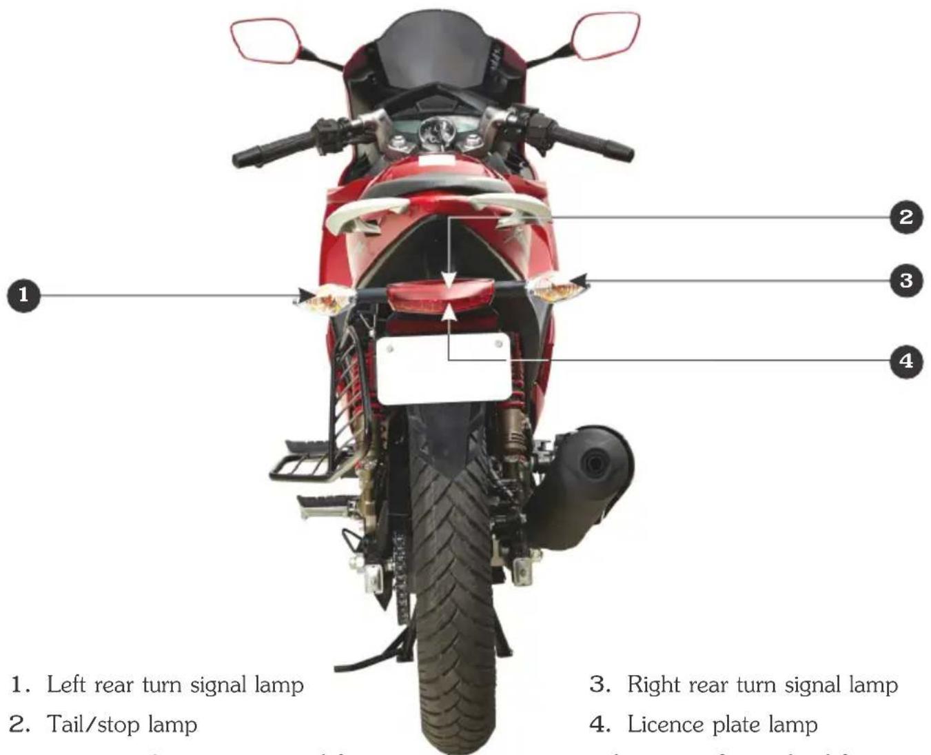 1. Left rear turn signal lamp 2. Tail/stop lamp 3. Right rear turn signal lamp 4. Licence plate lamp