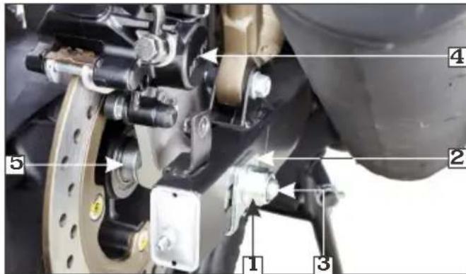 Labeled mechanical assembly diagram showing components numbered 1 to 5 with arrows indicating parts of a vehicle suspension system.