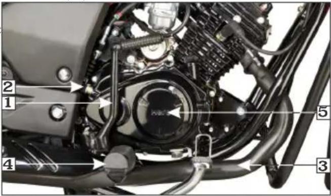 Labeled diagram of a motorcycle engine showing components numbered 1 to 5 with visible parts like valve and hoses.