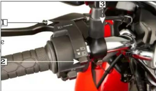 Labeled diagram of a motorcycle's brake lever and grip assembly, showing numbered parts and component annotations.