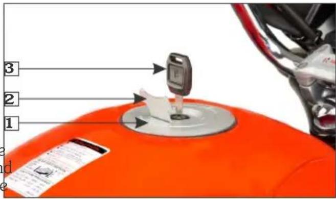 Diagram of a motorcycle fuel tank with labeled parts including key, valve, and paper label