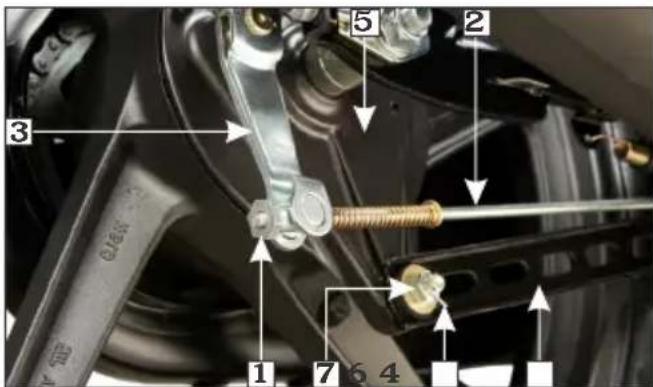 Labeled mechanical assembly diagram showing components numbered 1 to 7 with arrows indicating parts of each part.